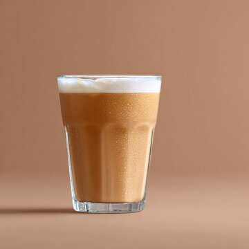 A glass of creamy latte with frothy milk on a warm brown background, perfect for coffee enthusiasts.