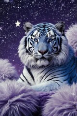 Blue tiger with fluffy fur, sits on a white big apple on a starry purple-lilac background with stars