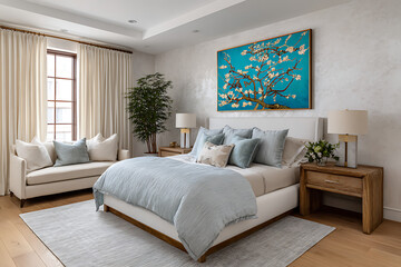 Serene Bedroom Interior Design Featuring Light Blue Bedding White Upholstered Bed Natural Wood Nightstand and Almond Blossom Artwork on Teal