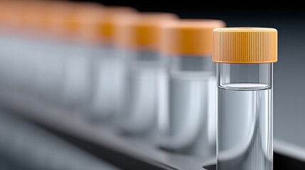 Close-up of laboratory test tubes with orange caps in a row, reflecting research and scientific innovation.