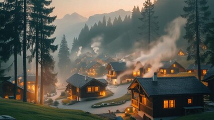 Cozy Mountain Village at Dusk with Smoke and Warm Lights