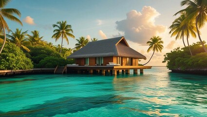 Idyllic Tropical Villa Over Water Amidst Lush Greenery at Sunset