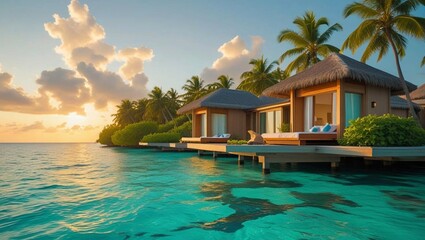 Serene Tropical Resort with Overwater Bungalows at Sunset