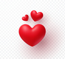 Valentines day love symbols isolated on transparent background. Vector 3d heart balloons. Red romantic sign. Wedding decoration elements with shadow