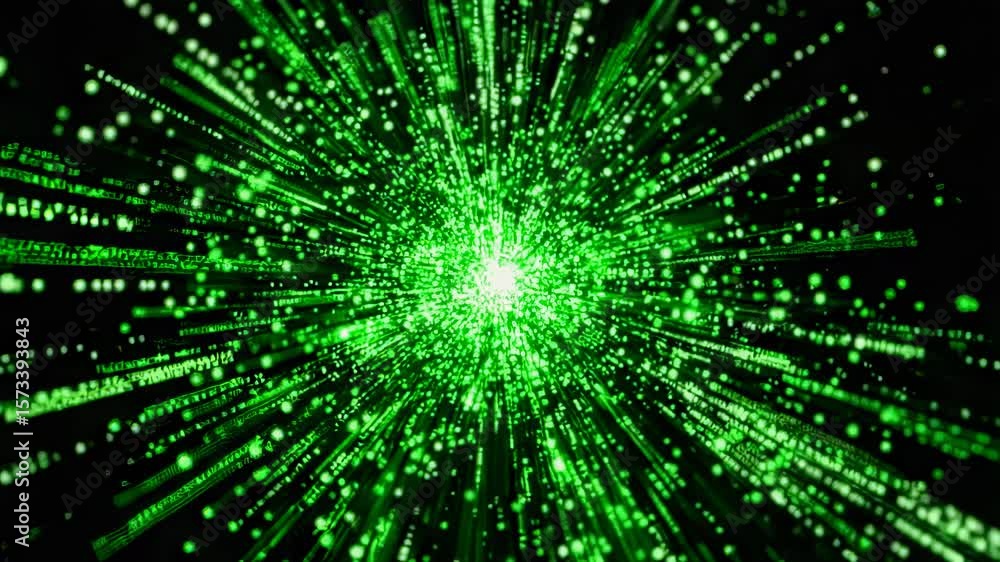 Poster abstract green light burst with data streams emanating from center on transparent background, digita