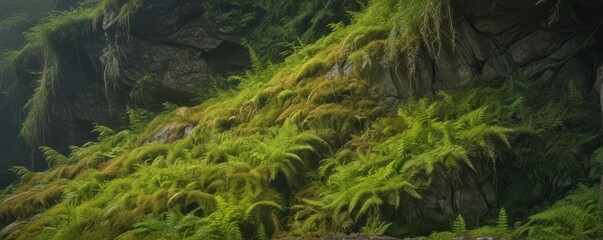 Ancient moss-covered stone slab in a fern-filled mountain crevice , peaceful, aged, wild nature