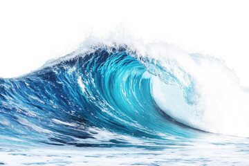 Powerful ocean wave crashing with spray and foam isolated on white background