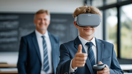 Teen enthusiastically interacts with virtual reality headset in bright classroom with large windows