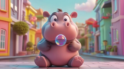 Obraz premium Playful hippo blowing bubble in colorful town animated scene bright environment whimsical viewpoint