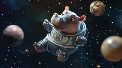 Adventurous hippo astronaut exploring outer space cosmic environment 3d animation cosmic wonders