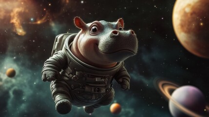 Astronaut hippo exploring space cosmic adventure digital art sci-fi environment whimsical viewpoint