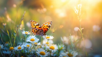 Butterfly landing on daisies nature scene floral landscape soft light close-up perspective serenity