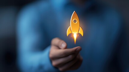 Launch your ideas a golden rocket icon in a professional setting digital art modern office inspirational concept
