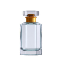 Elegant transparent glass bottle with gold accents, ideal for perfume or cosmetic use, isolated on a white background.