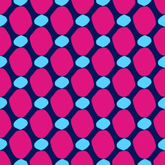 Abstract pattern seamless wallpaper vector design colorful geometric texture. Blue, magenta colors shapes modern art decoration. Retro fabric sample with organic elements. Vintage style textile swatch