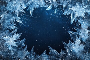 Winter wonderland intricate ice crystal frame abstract background digital art cool color palette aerial view seasonal theme