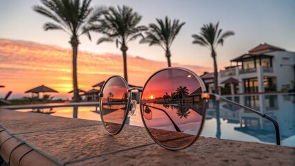 Round Sunglasses Reflecting Sunset Over Poolside Villas