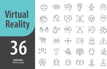 Virtual Reality Line Icons, VR Headset, 360 Experience, Motion Controller, Immersive Game, Virtual Space, Editable Formats: AI, EPS, PNG, JPG, Ideal for Both Digital and Print Use
