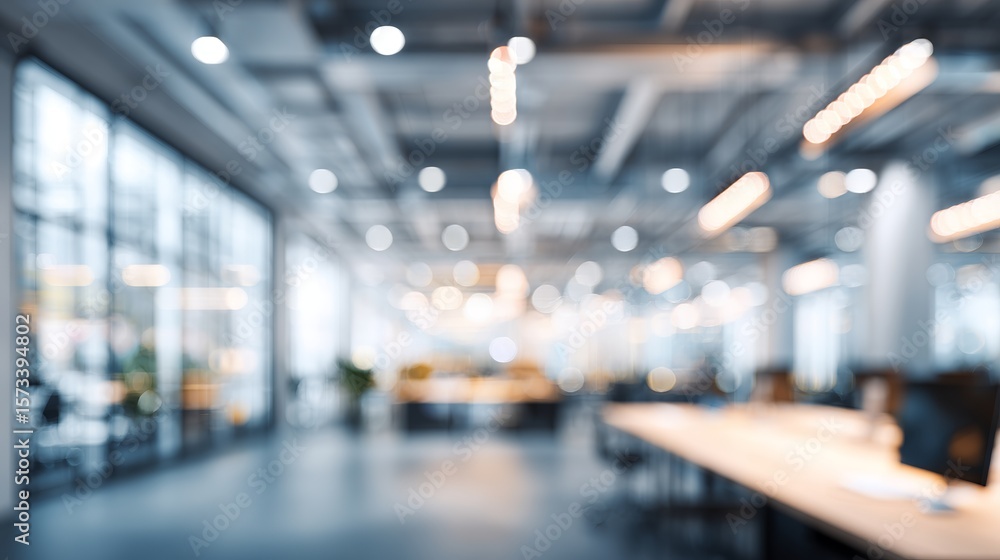Poster abstract blurred view of an empty modern office with large windows and bright lights creating a peac