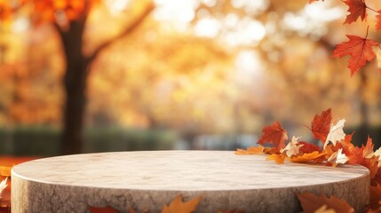 Autumn leaves falling on a marble table outdoor garden nature scene warm colors close-up view tranquil atmosphere