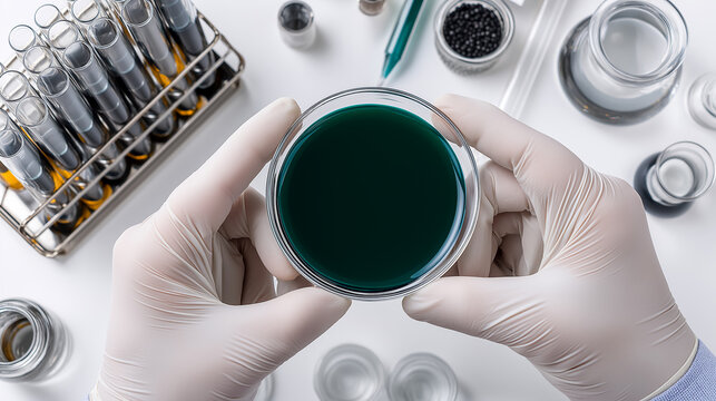 Scientist holding a petri dish with dark green liquid surrounded by lab equipment on white table