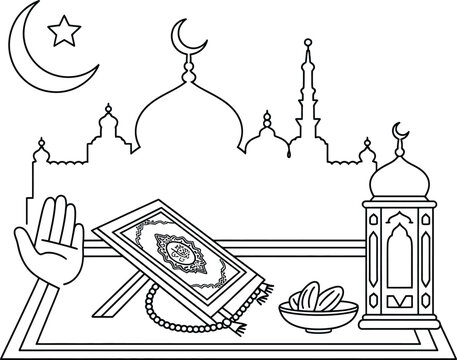 Islamic religious symbols and objects including a mosque crescent moon star quran prayer beads and dates