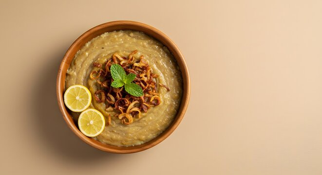 Delicious haleem recipe with lemon and fried onions in bowl food photography and tasty traditional dish