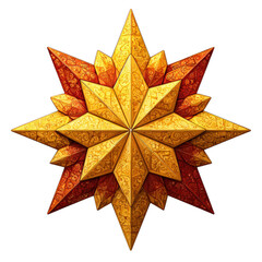Intricate geometric star ornament with gold and red hues on white background.