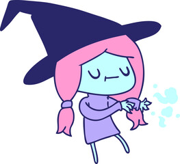 freehand drawn cartoon of cute kawaii witch in bright neon color