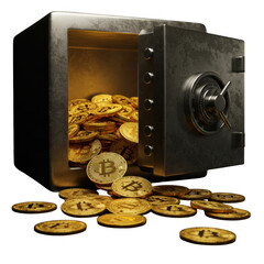 A metal safe filled with golden bitcoin coins spilling out onto a black surface in a dark setting on transparent background