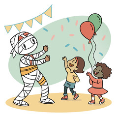 A cartoon illustration of a mummy with two children playing with balloons and confetti at a party scene