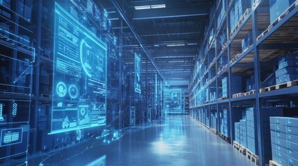 Warehouse automation in action high-tech inventory management modern facility digital interface futuristic view