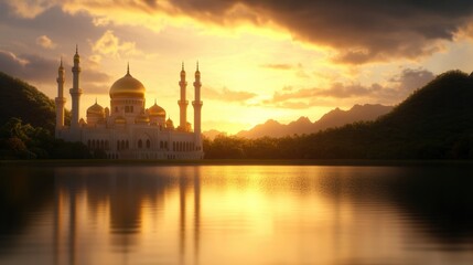 Sunset reflections over majestic mosque serene lake nature photography tranquil environment scenic viewpoint