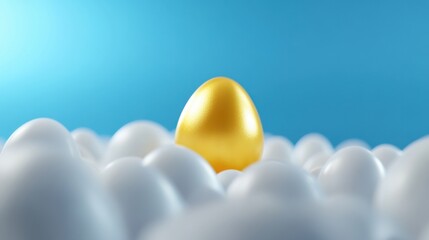 Golden egg surrounded by white eggs blue background digital rendering minimalist eye-catching concept