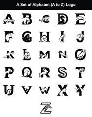 Complete alphabet set showcasing animals integrated within block letters in a clean, minimalist black and white style