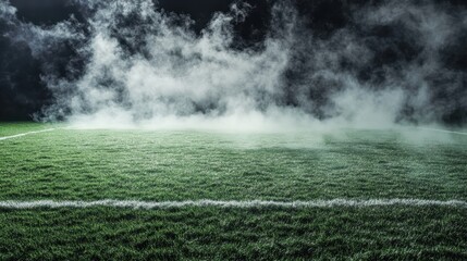 Exciting soccer match night stadium field foggy atmosphere dramatic lighting action-packed sports event