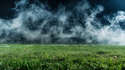 Mysterious fog rolling across lush green field at night nature atmospheric landscape close-up serenity