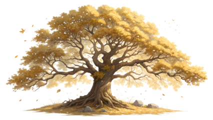 A majestic anime inspired golden oak tree stands tall, its leaves rustling gently in the autumn breeze, creating a serene and peaceful scene isolated on transparent background