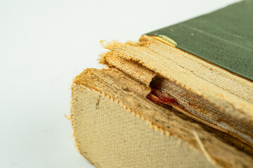 An aged book with weathered pages rests on a white surface, showcasing its unique history and...