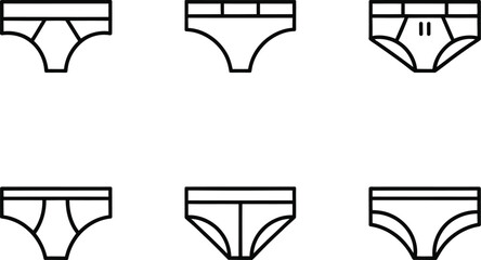 Men's Underwear Icons: Six Styles, Line Art, Minimalist Design, Black and White.