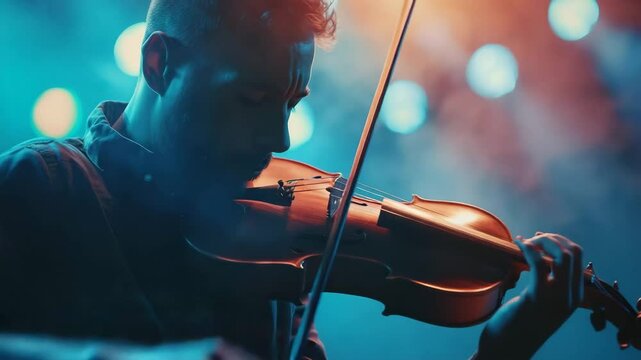 Captivating performance by a violinist on stage amidst vibrant lights at a live music concert