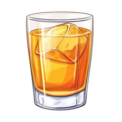 A glass with amber liquid and ice cubes is detailed and vibrant isolated on transparency PNG background, Ideal for illustrating beverage articles or cocktail recipes