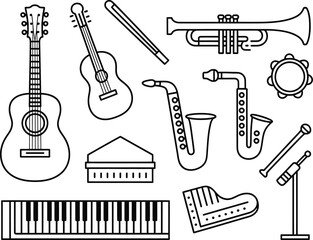 Collection of musical instruments in a simple outline style on a white background