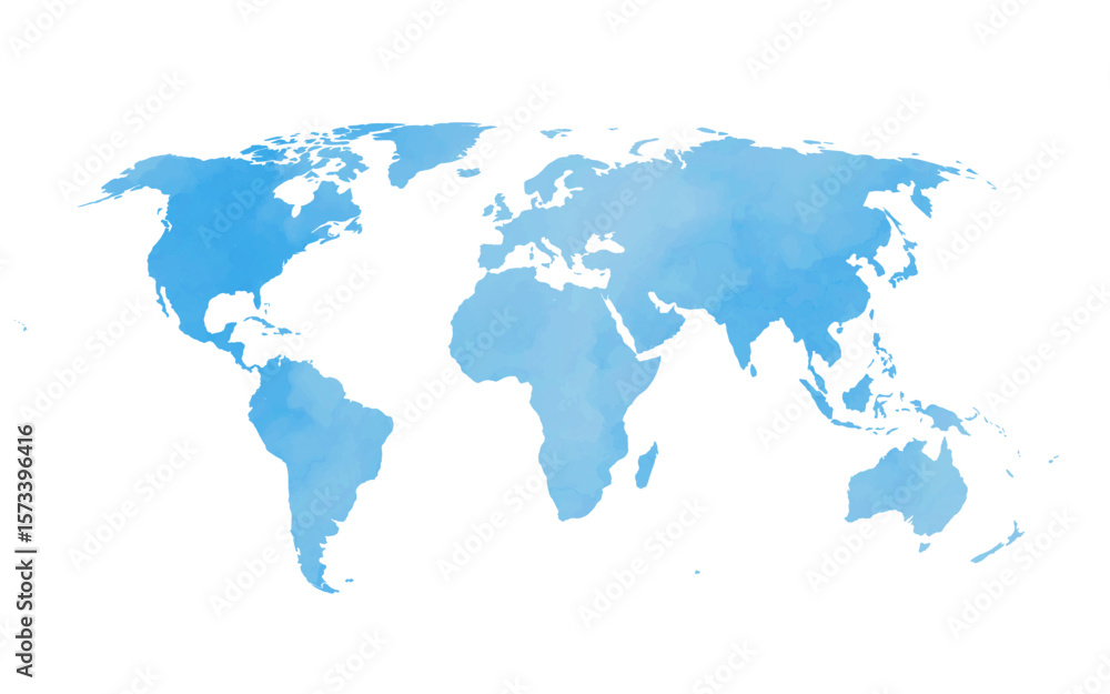 Poster this vector world map features a beautiful watercolor texture in various shades of blue. it highligh