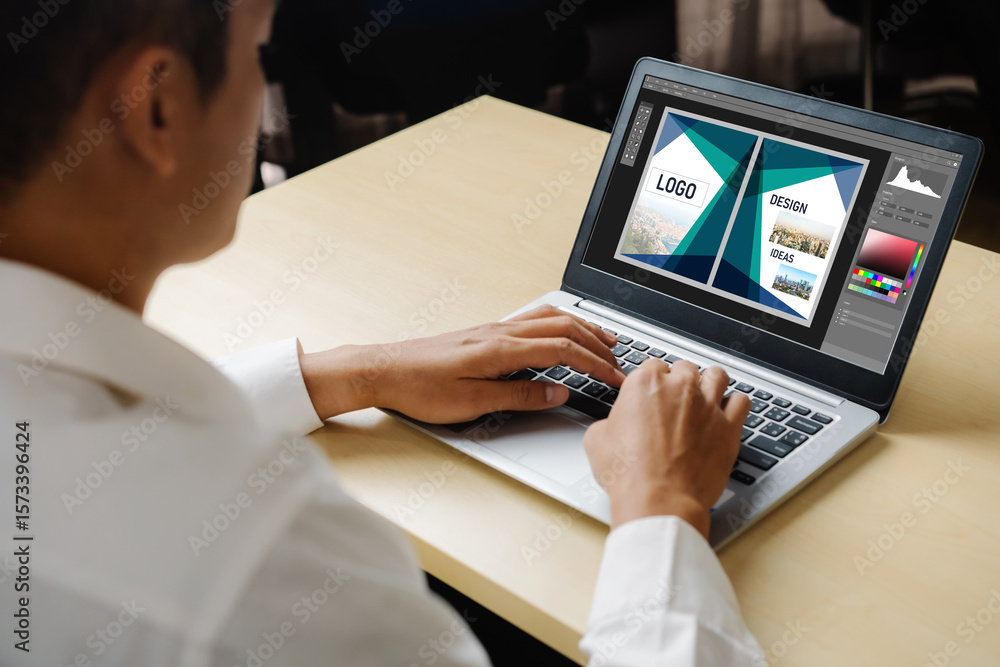 Poster graphic designer software for modern design of web page and commercial ads showing on the computer s