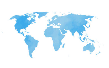 This vector world map features a beautiful watercolor texture in various shades of blue. It highlights continents and oceans, creating an artistic and modern representation of the globe.
