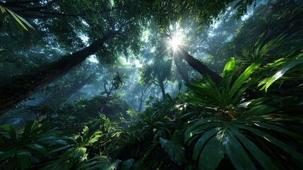 Sunlight streams into lush rainforest. Dense foliage, concept for environment, nature, ecology, web backgrounds, design, marketing.