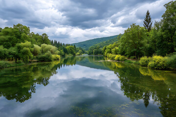 Obraz premium Serene Lake Landscape with Lush Green Trees and Cloudy Sky Reflection in Calm Water clouds