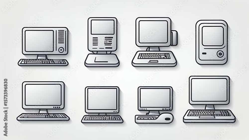 Fototapete Illustration showing an array of retro style computer designs on a white background surface