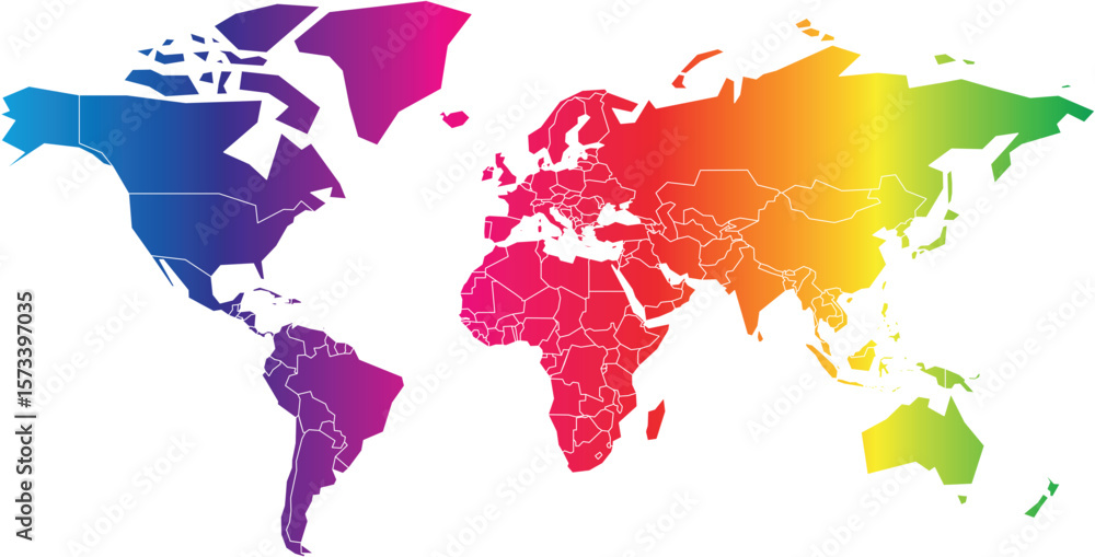 Poster a colorful world map features a gradient spectrum from purple to red, showcasing global regions. the